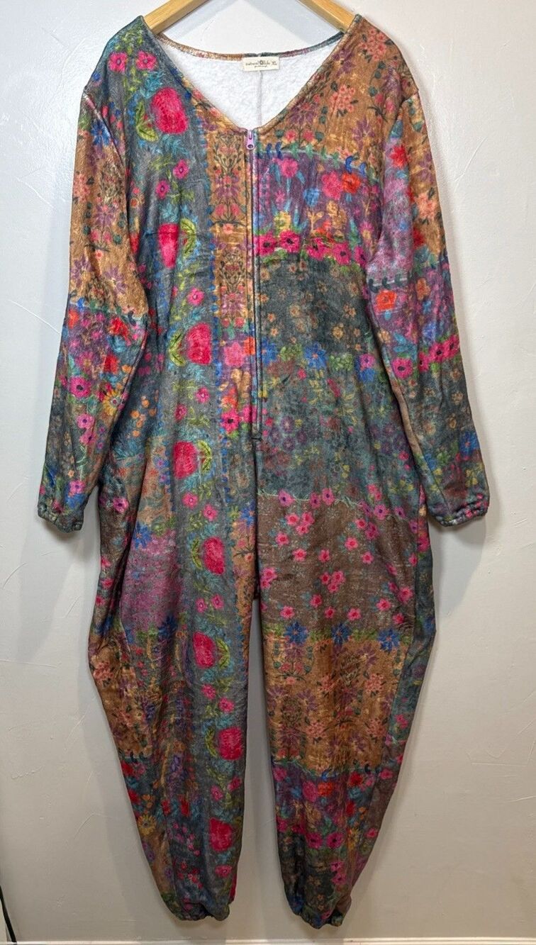 Natural Life Pajama Floral Fleece RomperOne Piece Size XL Boho Colorful Full Zip